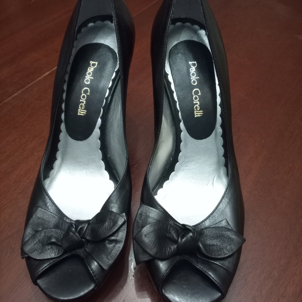 Paolo Corelli Black Peep Toe Heels with Bow Accent